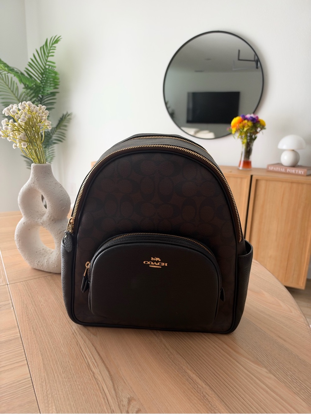 Coach Dark Brown Signature Mini Backpack with Gold Hardware